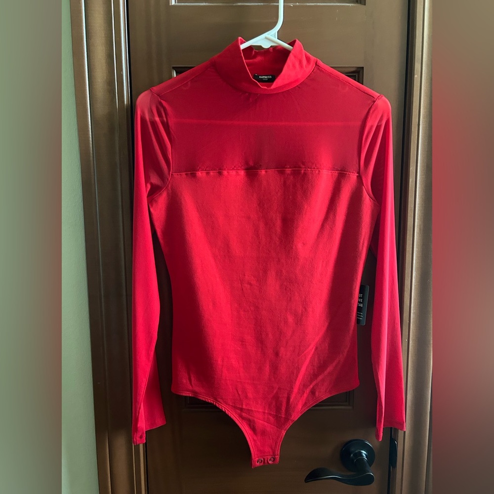 Express Red Long Sleeve Half Sheer Bodysuit Size Small NWT